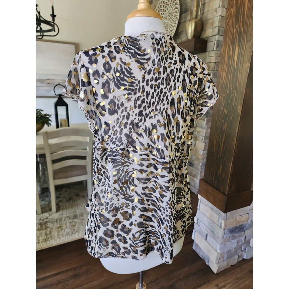 Y2K BCBG Leopard Print Gold Metallic Foil Cowl Neck Blouse Top Boho Festival - Picture 6 of 10